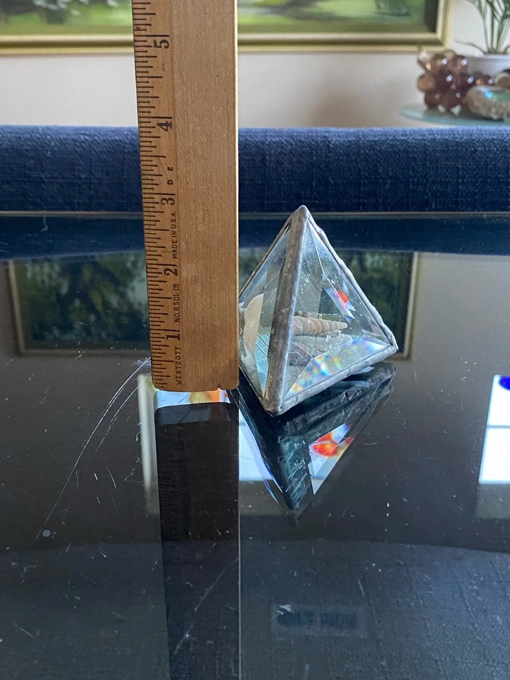 VTG Beveled Glass Pyramid Paperweight Shell Sand Dollar Sandscape 3”